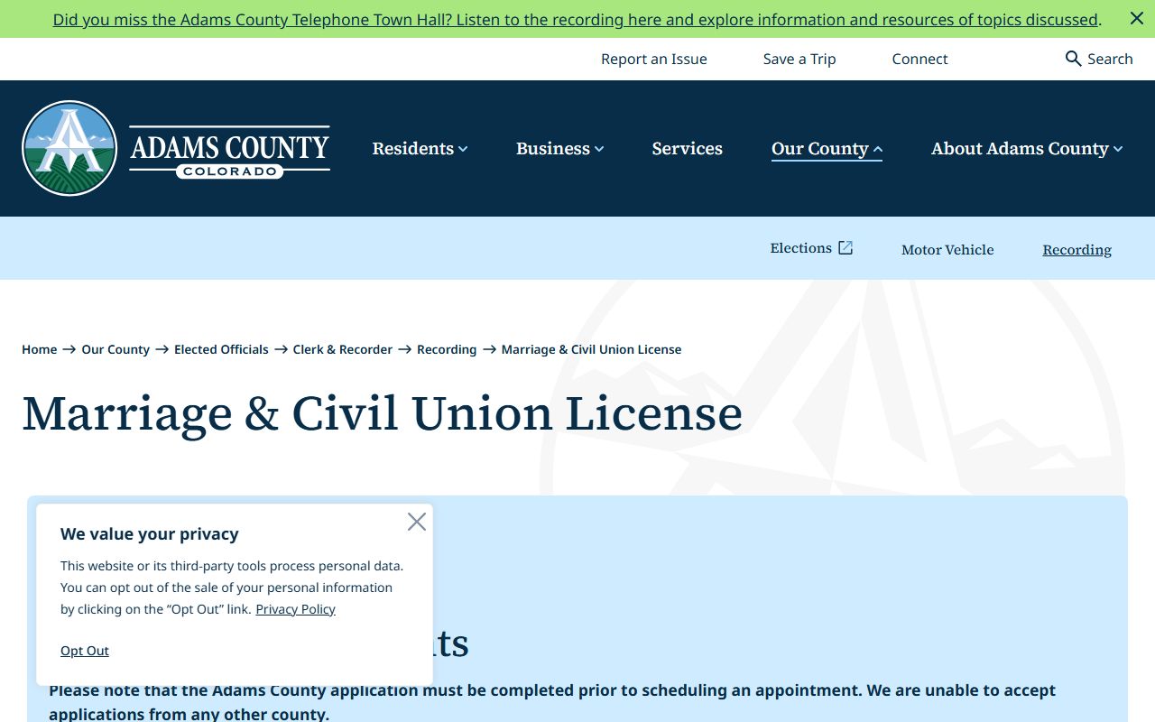 Adams County Clerk and Recorder marriage license information page