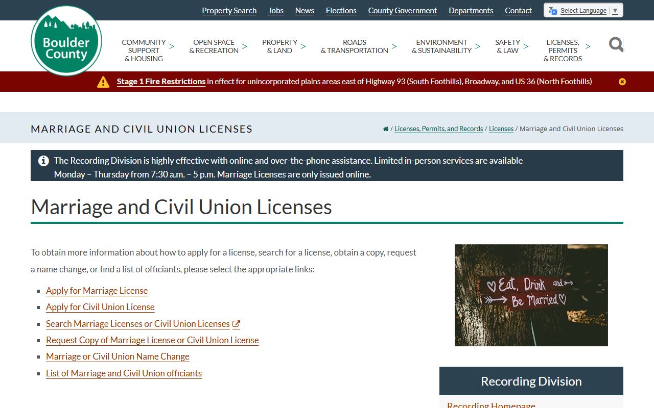 Boulder County marriage and civil union overview page