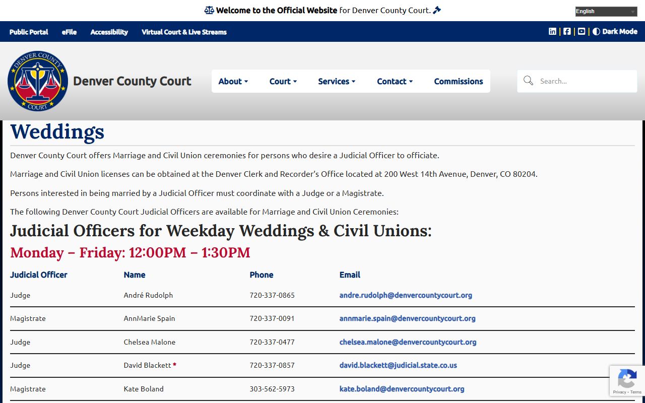 Denver County Court weddings information page