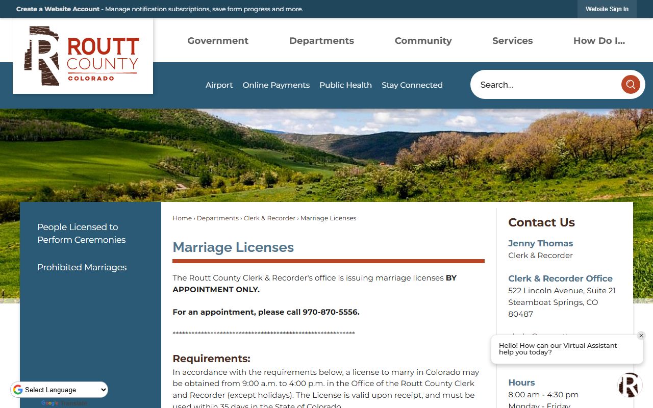 Routt County marriage license webpage