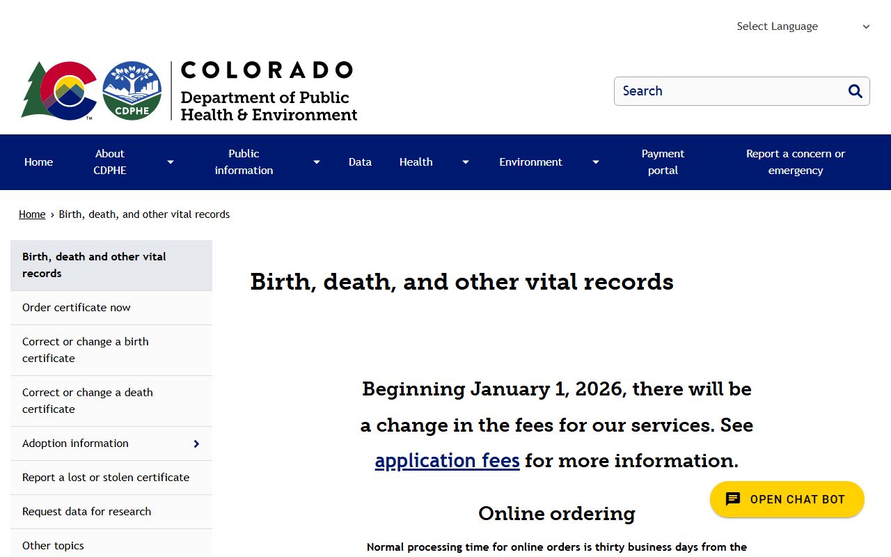 Colorado Department of Public Health and Environment vital records page