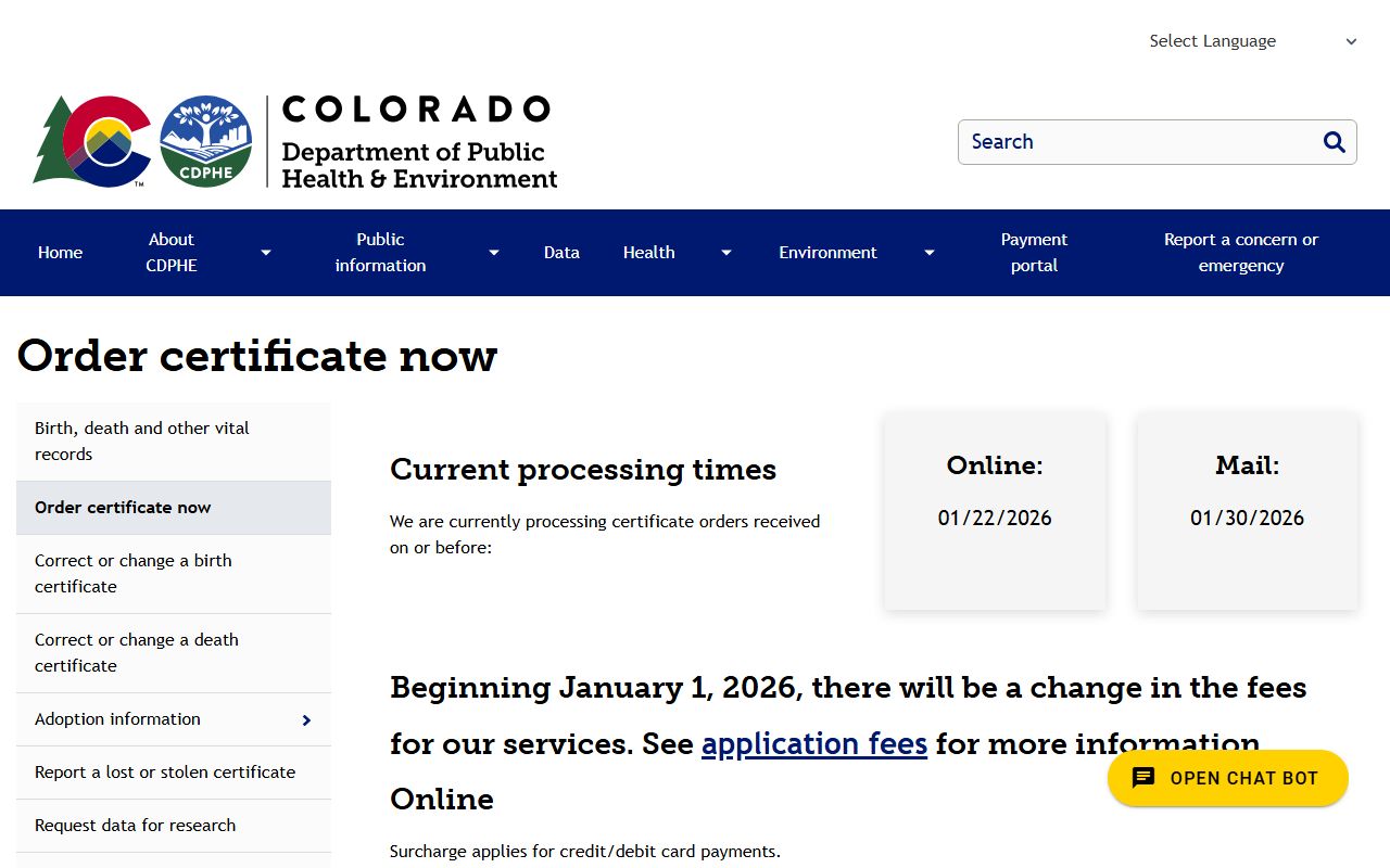 Colorado vital records certificate ordering page