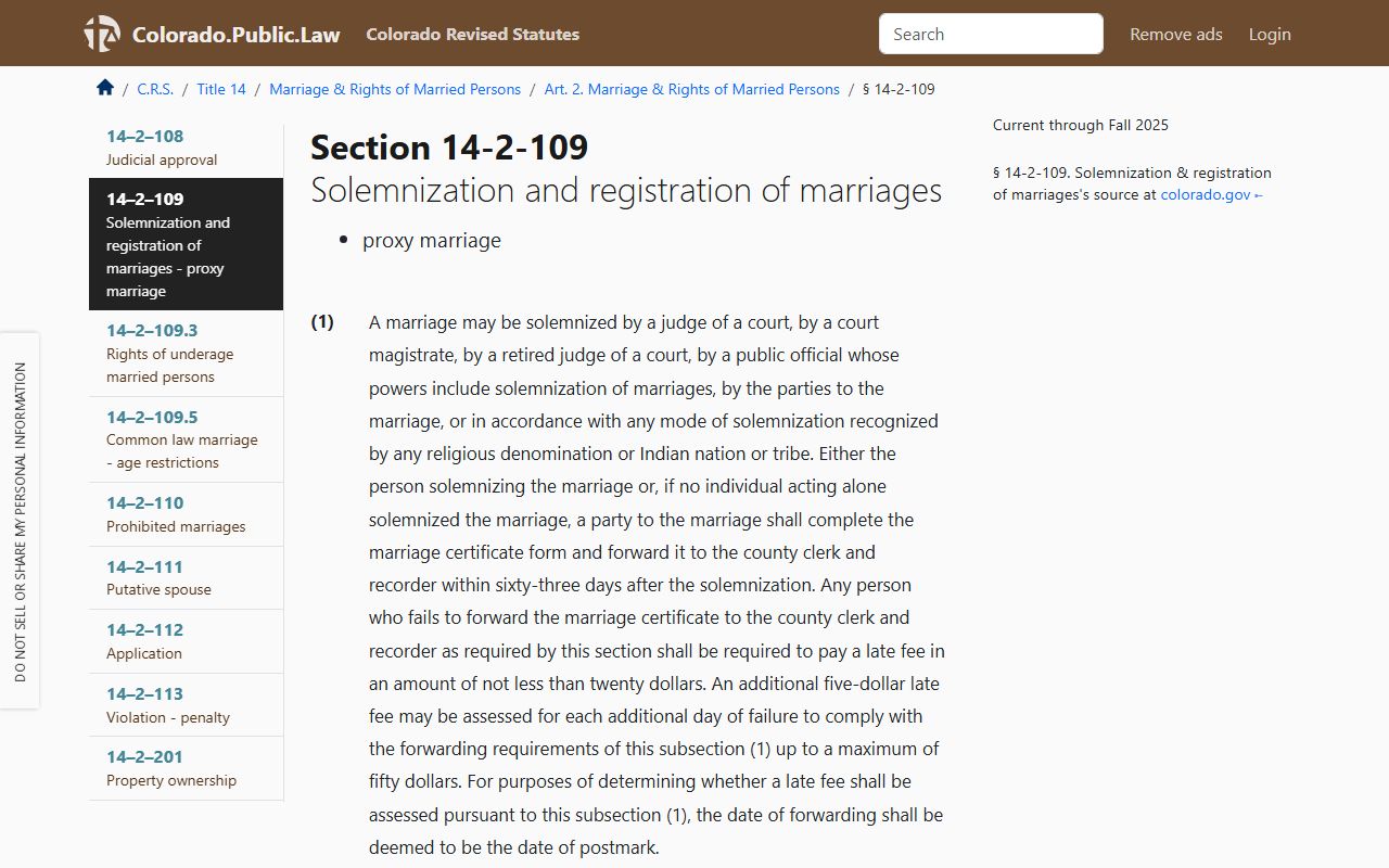Colorado statute on self-solemnization of marriage